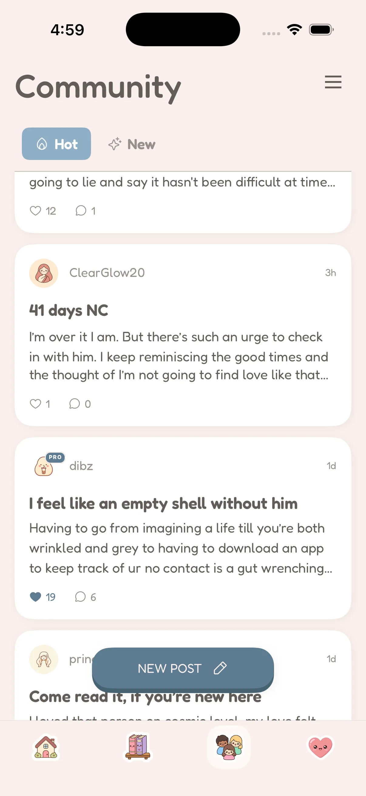 Pseudonymous community feed of support posts
