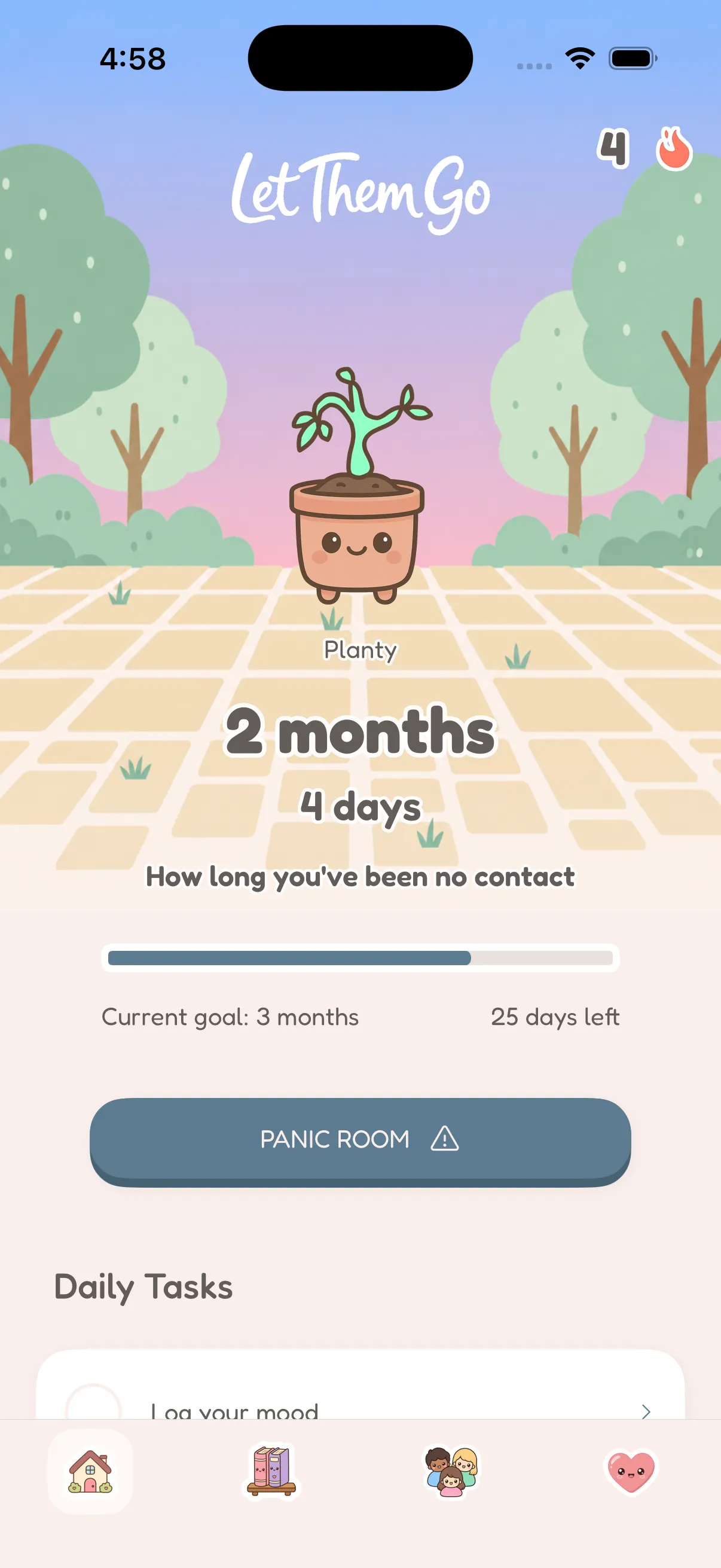 Home screen with a no contact streak and Planty growing beside it